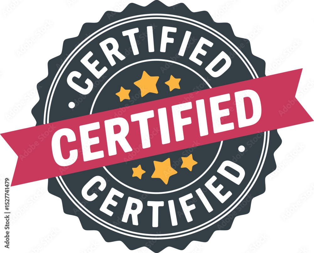 Obraz premium Round Certified Badge with Gold Stars and Red Ribbon, Seal of Approval