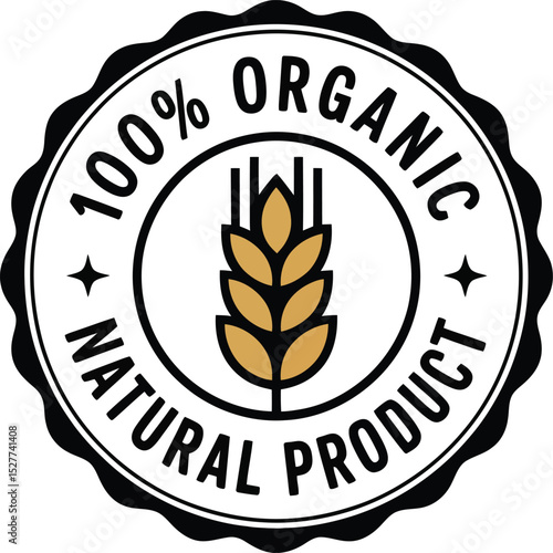 100% Organic Natural Product Label Featuring Golden Wheat in a Black Circular Border Icon