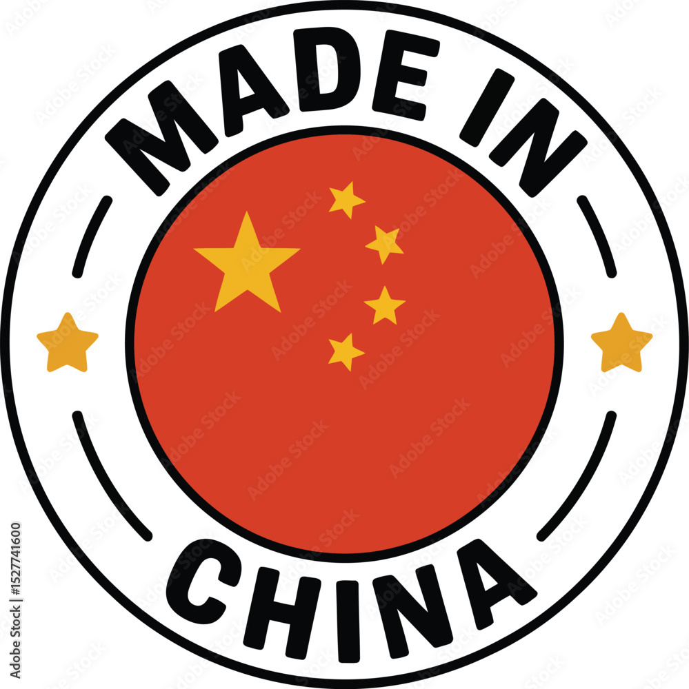 Made in China Label Featuring Country Flag, Stars, and Circular Design Made in China Label Featuring Country Flag, Stars, and Circular Design
