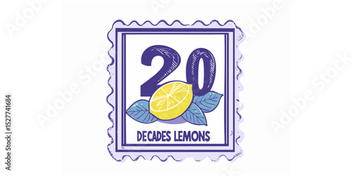 Vintage-style graphic with the number 20 and a lemon slice, surrounded by a purple, wavy border reminiscent of a postage stamp