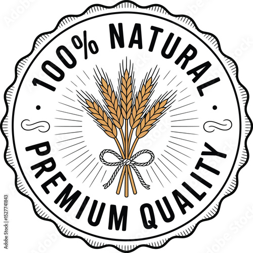 100% Natural Premium Quality Product Label Featuring Wheat Stalks with Rope, Black and White