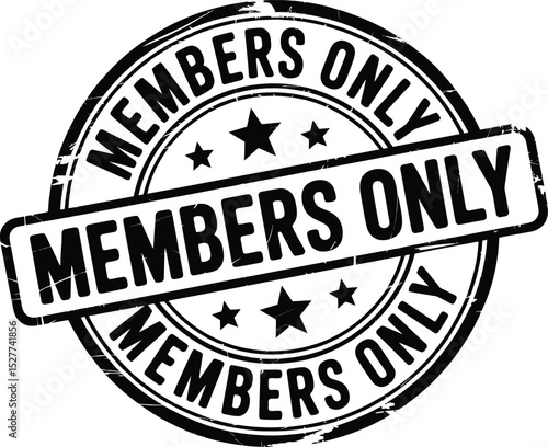 Distressed Black and White Members Only Stamp with Stars and Rounded Rectangle Banner Overlay