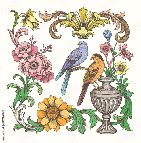 Two colorful birds perch amid ornate Victorian flowers, leaves, scrolls, and vase.engraving illustration for ornament or tattoo design