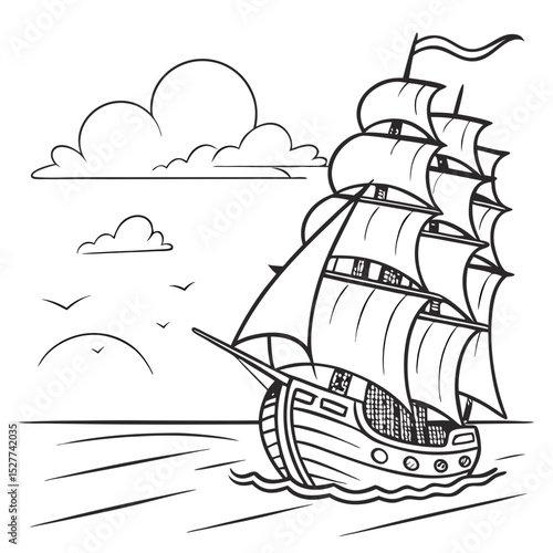 Sailing ship with full sails navigating calm waters under a cloudy sky in simple line art style