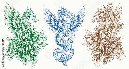 fire dragon with victorian flourish decoration in black and white illustrations, cutout graphic