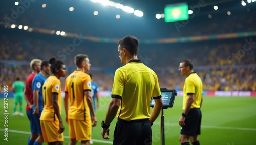 Árbitro de fútbol consultando la pantalla del VAR desde la banda mientras los jugadores miran