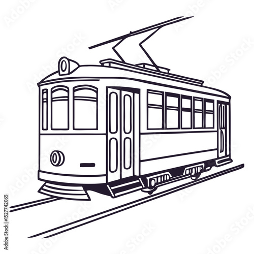 Vintage tram moves along the tracks in a city setting, showcasing simple line art design with an emphasis on structure and movement