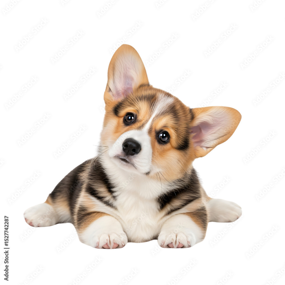 Obraz premium Adorable Corgi puppy with a charming head tilt, looking curious, isolated on white & transparent background. Ideal for pet adoption campaigns, veterinary clinic marketing,
