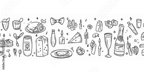 Hand-drawn illustrations of various food and drink items