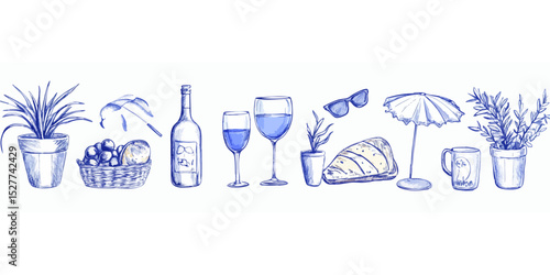 Hand-drawn illustration of picnic items in muted blue hues