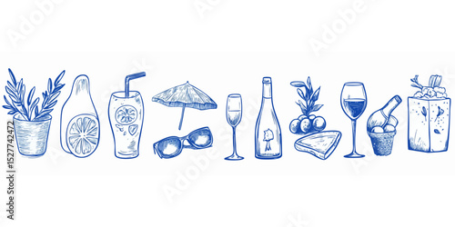 Hand-drawn illustration of summer picnic items
