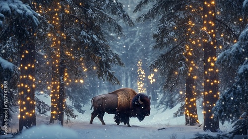 Bison in a winter wonderland illuminated by twinkling festive lights
