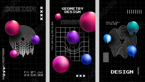 Vector illustration. Retro futuristic style background set with twisted outline shapes. Design element for vertical background, flyer, voucher, leaflet, coupon. Y2k concept with color 3d spheres