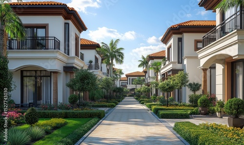 Picturesque row houses with well-maintained landscaping