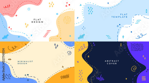 Vector illustration. Hand drawn memphis pattern element and dotted lines. Doodle childish background. Trendy abstract colorful style. Design for web banner, presentation template, horizontal wallpaper