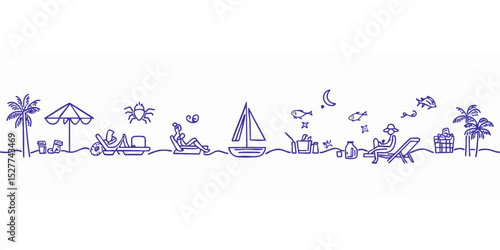 Beach scene with people relaxing, a sailboat, and palm trees