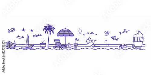 Beach scene with palm trees, umbrella, chairs, drinks, boat, and marine life
