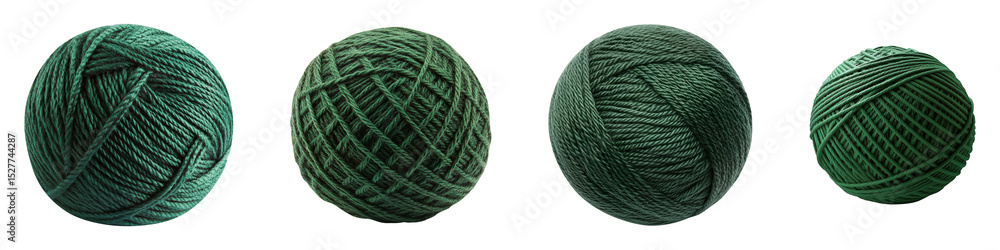 Fototapeta premium Collection of dark green balls of thread and wool yarn, isolated on a transparent background