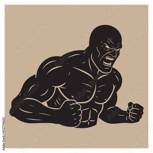 Powerful muscular man showing anger and strength in vector illustration on beige background