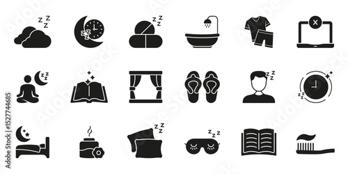 Sleep And Relaxation Icon Set. Nighttime Routine, Restful Sleep, And Relaxation Silhouette Symbol Collection. Includes Sleepwear, Meditation, And Hygiene Elements. Isolated Vector Illustration