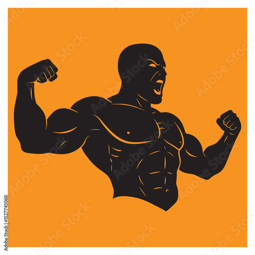 Silhouette of a muscular bodybuilder flexing his biceps and roaring against an orange background