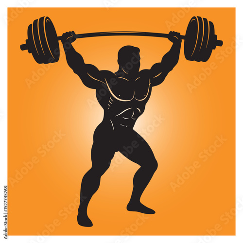 Silhouette of a muscular weightlifter lifting a heavy barbell in orange background design