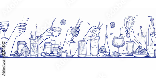 A collection of various cocktails and drinks, depicted in a line art style, with hands holding glasses and garnishes