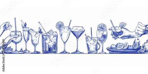 A horizontal row of various cocktails and fruit garnishes