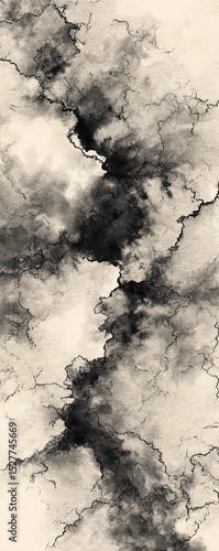 A monochromatic abstract design featuring swirling clouds and textures, creating a dramatic contrast of light and dark shades.