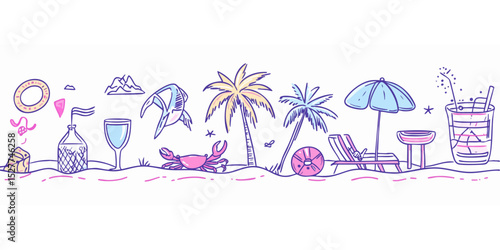 Hand-drawn beach scene with pastel colors.  Simple, playful illustrations of beach essentials like palm trees, a crab, drink, and lounge chairs.  A light-hearted, summery vibe