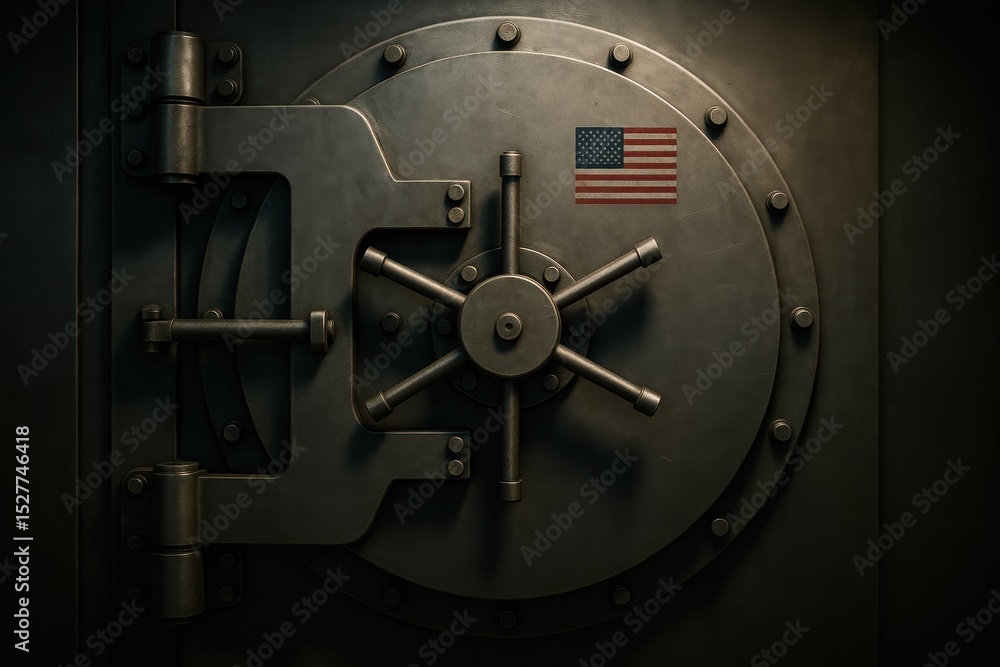 Strategic petroleum reserve vault door with american flag symbolizes energy security for the united states Strategic petroleum reserve vault door with american flag symbolizes energy security for the united states