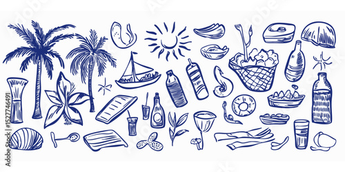 Hand-drawn collection of tropical picnic items