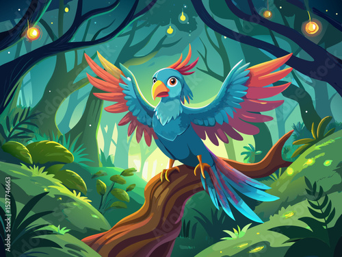 vector of A lively bird spreads its wings on a mossy branch in a mystical forest.