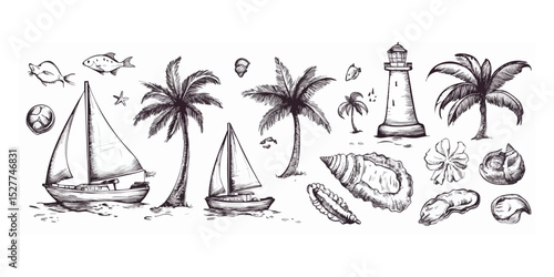 Hand Drawn Tropical Beach Elements with Lighthouse and Sailboats