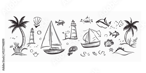 Hand-drawn black ink illustrations of various seaside and ocean elements