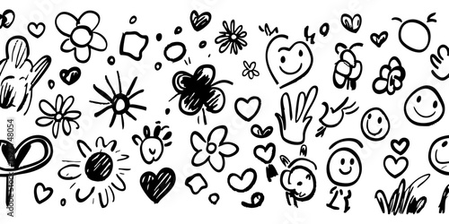 Abstract doodle art with flowers, hearts, and faces