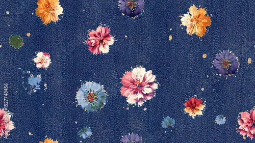 A colorful floral pattern on a denim-like background, blending nature with a classic fabric for a unique visual effect.