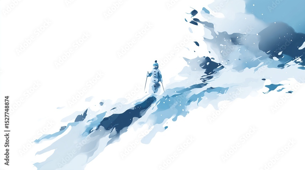 Fototapeta premium A whimsical snowman on skis braves the snowy slope a testament to winter s playful spirit in an artistic watercolor