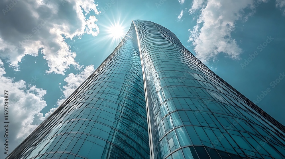 Towering glass skyscraper reflecting sunlight against a cloudy blue sky Towering glass skyscraper reflecting sunlight against a cloudy blue sky