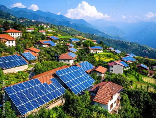 Aerial view of rural village houses with red roofs covered in multiple blue solar panels surrounded by green vegetation and mountains