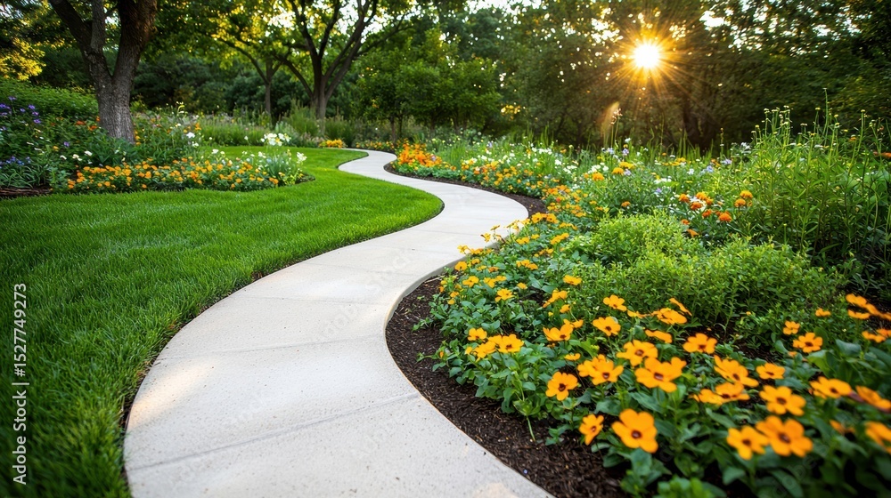 Obraz premium Curved concrete pathway winding through a vibrant backyard garden with lush green grass and colorful orange flowers under golden sunlight