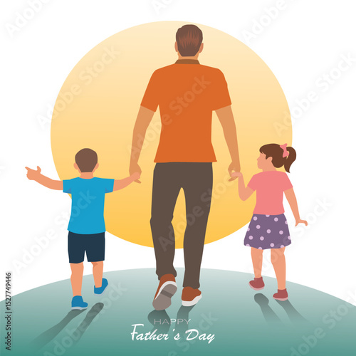 Happy father's day with dad and children walking back view. vector illustration design