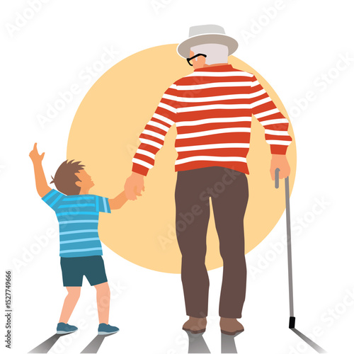 grandfather and little kid walking and holding hands and feel happy. vector, illustration .