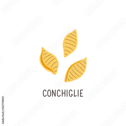 Italian pasta. Conchiglie hand drawn lettering. Food flat illustration. Isolated icon. Vector elements for logo, menu or packaging design.
