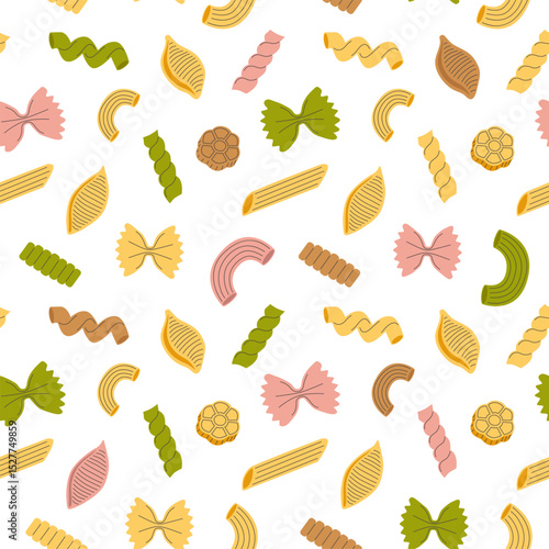 Seamless pattern with different types of colorata pasta. Minimal mediterranean food background. Italian fusilli, rotelle, conchiglie, gnocchi, farfalle, penne, macaroni. Fabric textile print. Surface 