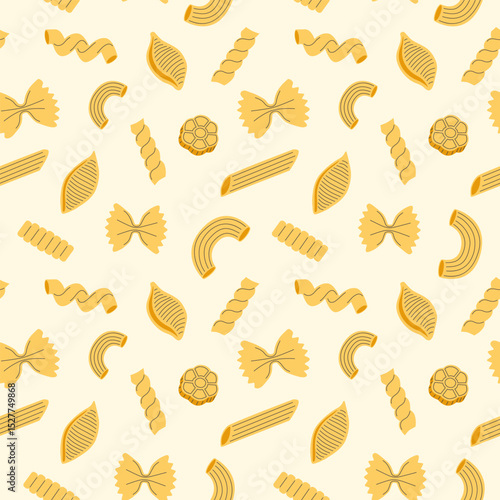 Seamless pattern with different types of pasta. Minimal mediterranean food background. Italian fusilli, conchiglie, gnocchi, farfalle, penne, macaroni. Fabric textile print. Surface cover design.