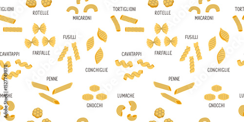 Seamless pattern with different types of Italian pasta. Food flat illustration. Lettering fusilli, rotelle, conchiglie, gnocchi, farfalle, penne, macaroni. Fabric textile print. Surface cover design.