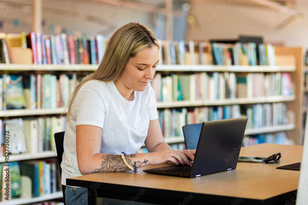 Young Aboriginal Australian woman in her twenties at library using laptop to study tafe course Young Aboriginal Australian woman in her twenties at library using laptop to study tafe course