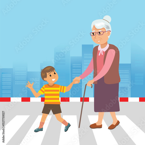 little kid helping eldery to cross the road. vector,illustration