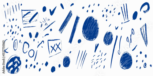 Abstract design with various shapes and lines in shades of indigo blue